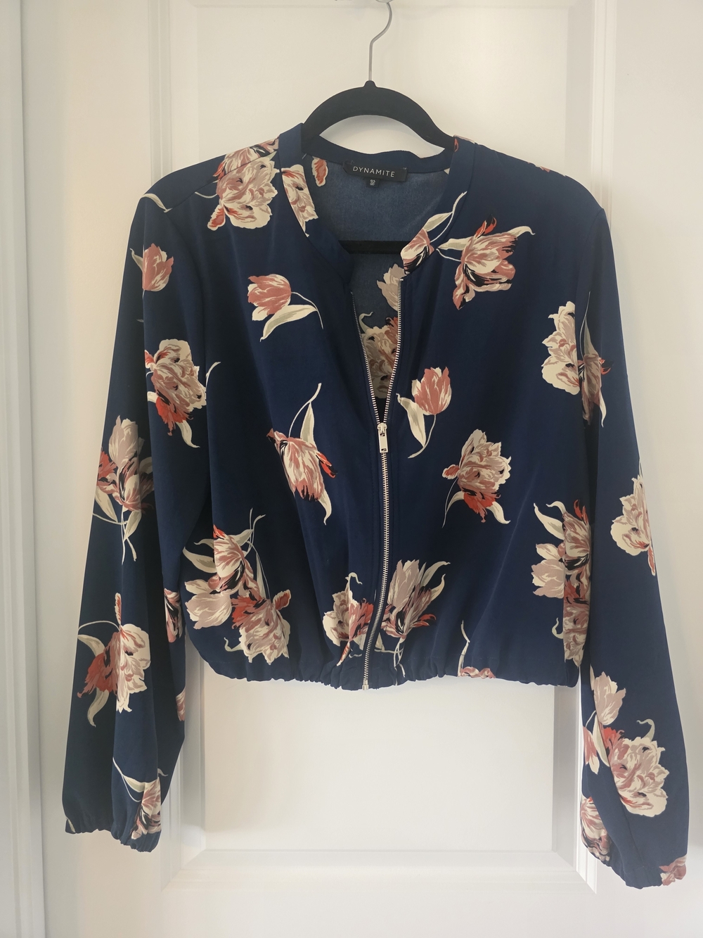 Dynamite Navy Floral Zip-Up Bomber Jacket with Peach Blooms